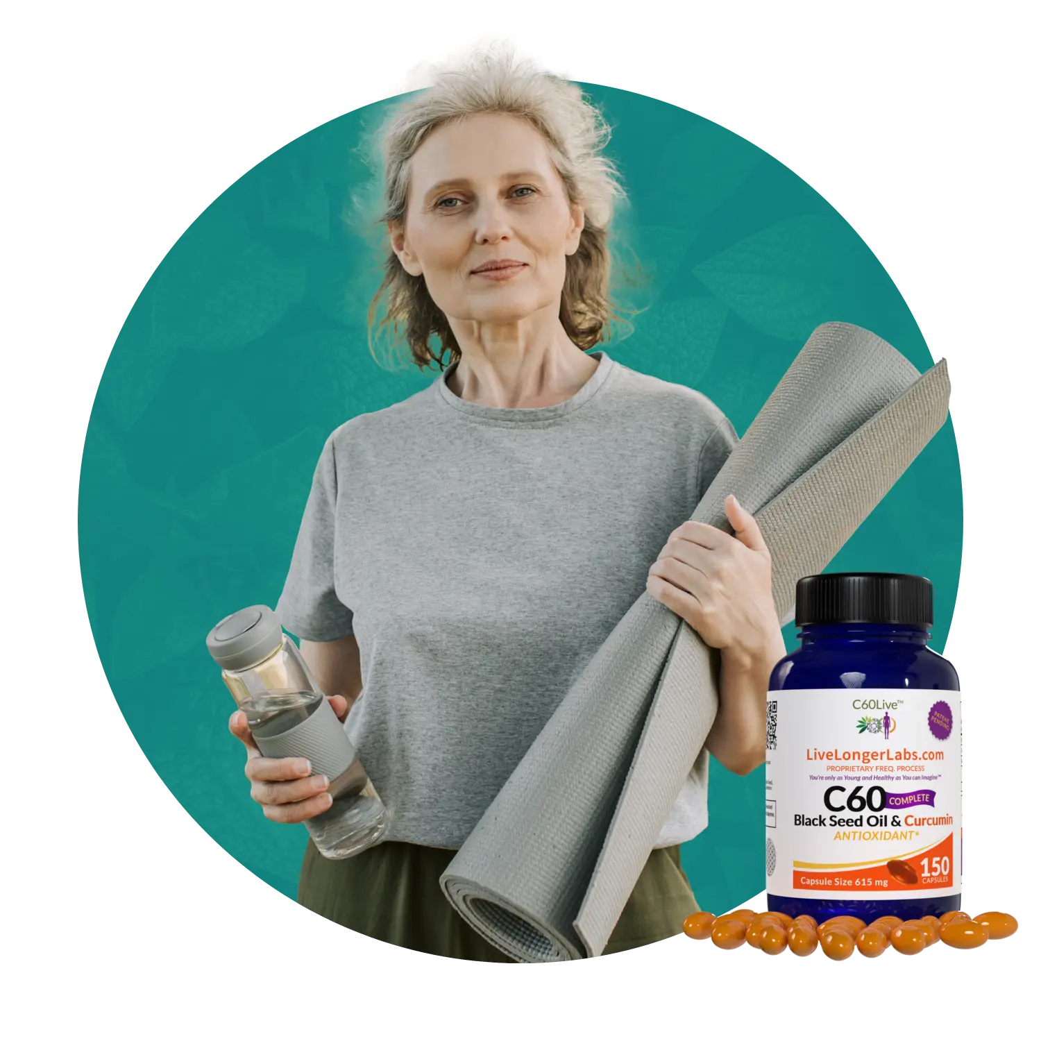 A senior woman is holding a gray yoga mat on her left hand and a gray tea bottle infuser on her right hand with an image of a C60 Complete bottle placed in front of her image.