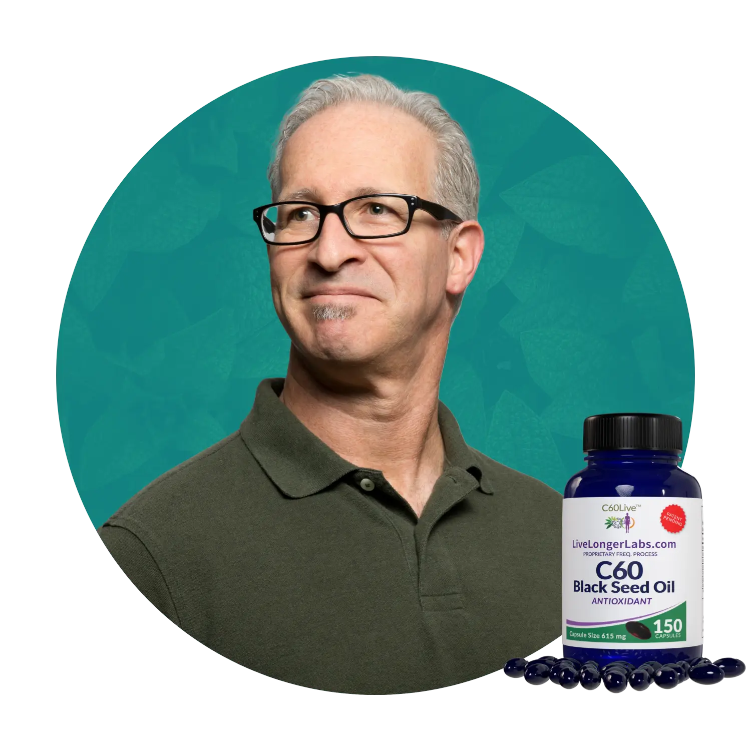 A senior man wearing eyeglasses is smiling in a side view angle with a C60 Black Seed Oil bottle in front of his image.