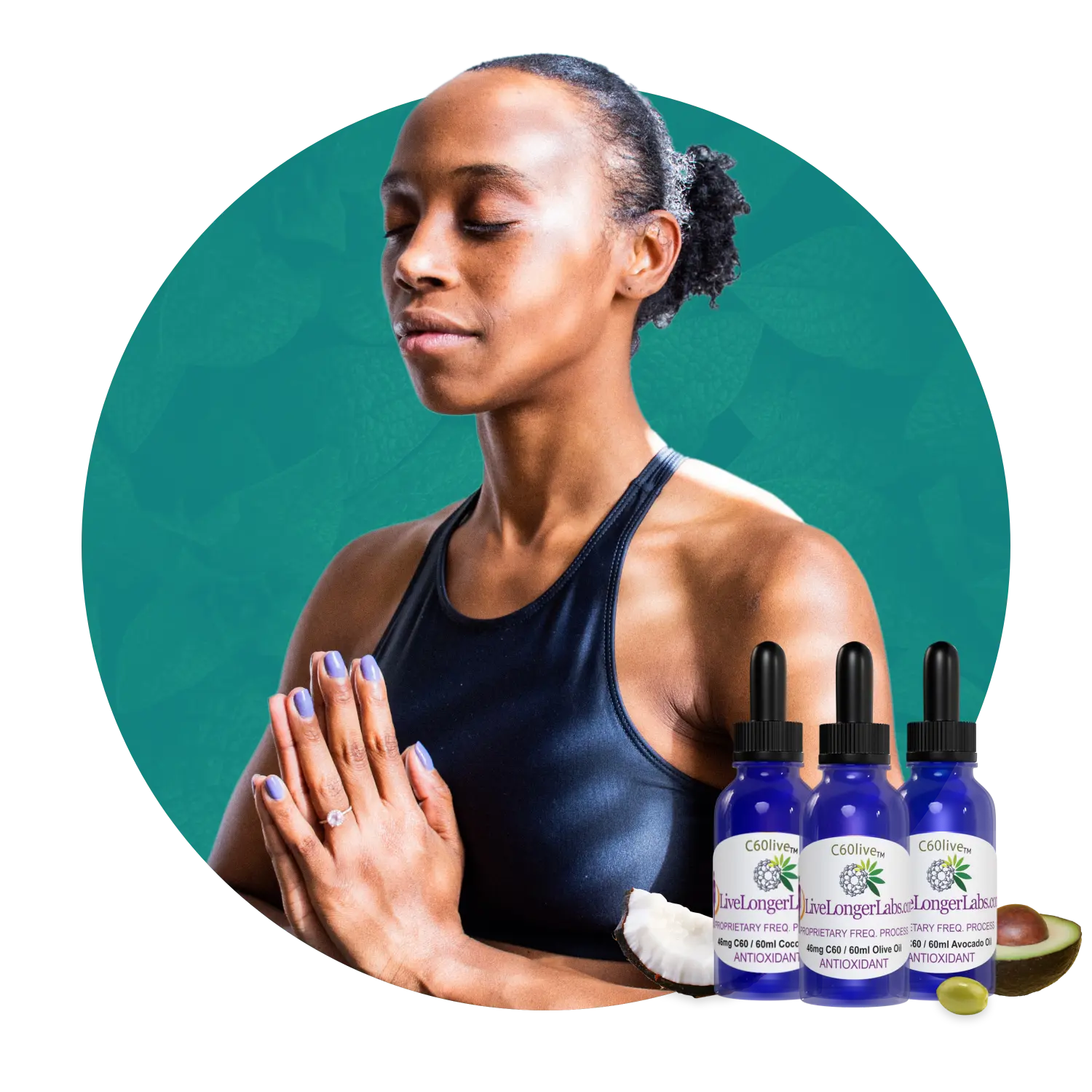 A woman in namaste hands closes her eyes in meditation with three bottles of C60 Avocado oil placed in front of her image.