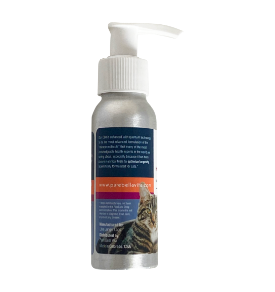 The left-back portion of a bottle of C60 Longevity for Cats containing an image of a cat and information about C60 and its formulation