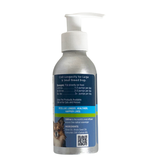 An image of the right-back portion of a bottle of C60 Longevity for Dogs with information about dosages and ingredients, a photo of a dog, and a QR code