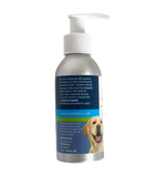The left-back portion of a bottle of C60 Longevity for Dogs containing an image of a dog and information about C60 and its formulation