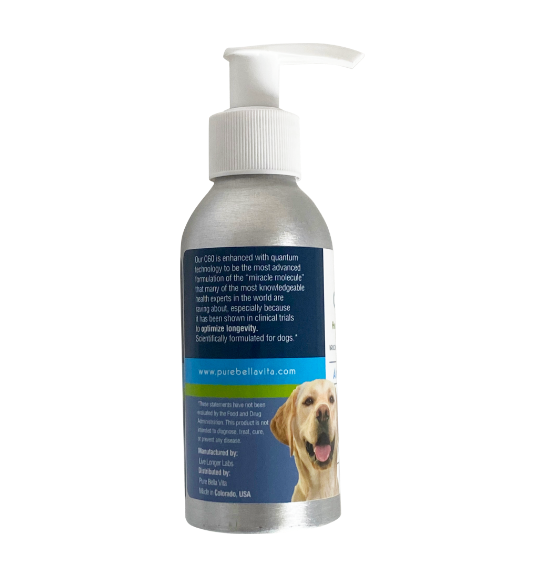The left-back portion of a bottle of C60 Longevity for Dogs containing an image of a dog and information about C60 and its formulation