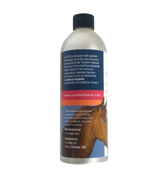 The left-back portion of a bottle of C60 Longevity for Horses containing an image of a horse and information about C60 and its formulation