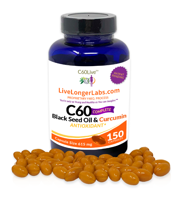 A bottle of C60 Complete Black Seed Oil and Curcumin Antioxidant.