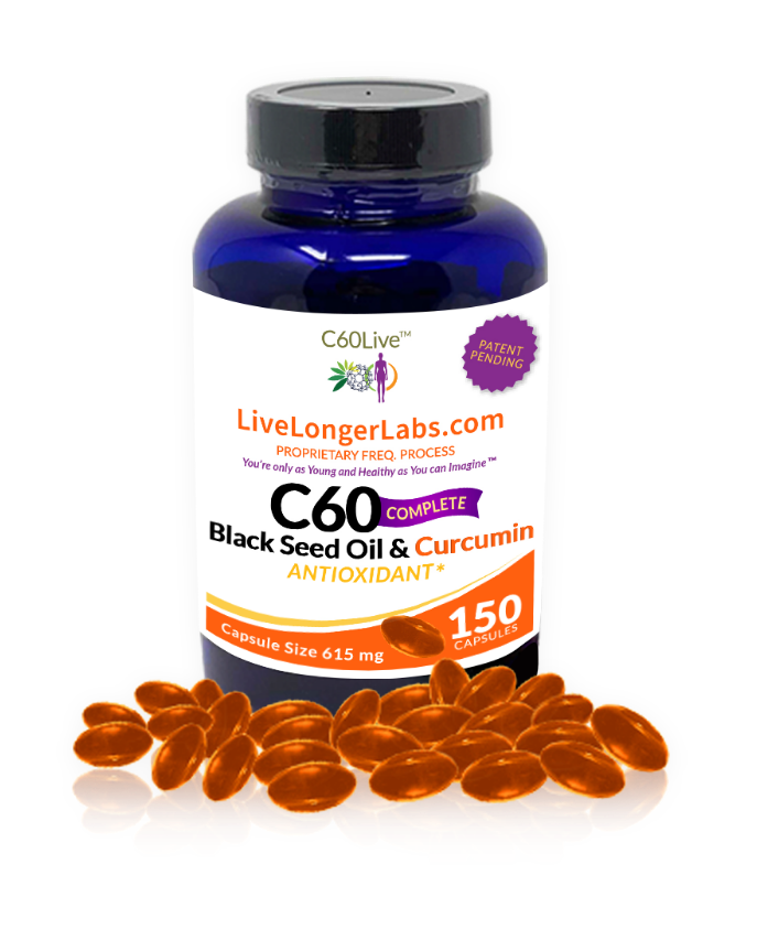 A bottle of C60 Complete Black Seed Oil and Curcumin Antioxidant.